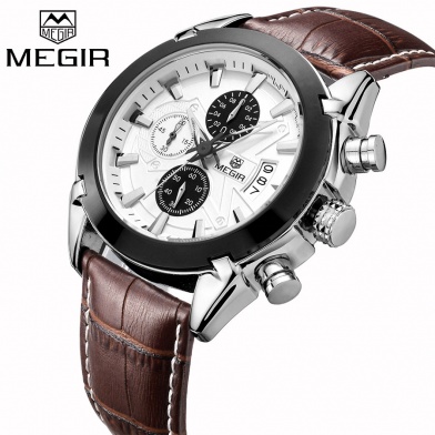 Megir Ανδρικό ρολόι Brown Casual με Δερμάτινο Λουράκι